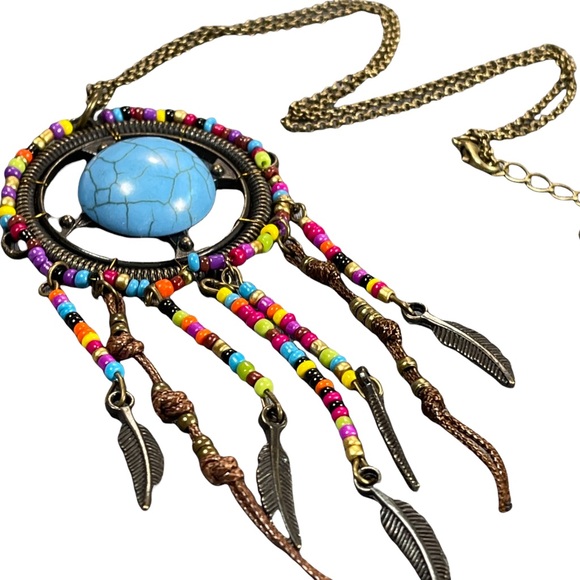 Dreamcatcher necklace blue stone in center, dangly feathers, multicolor beads - Picture 2 of 7
